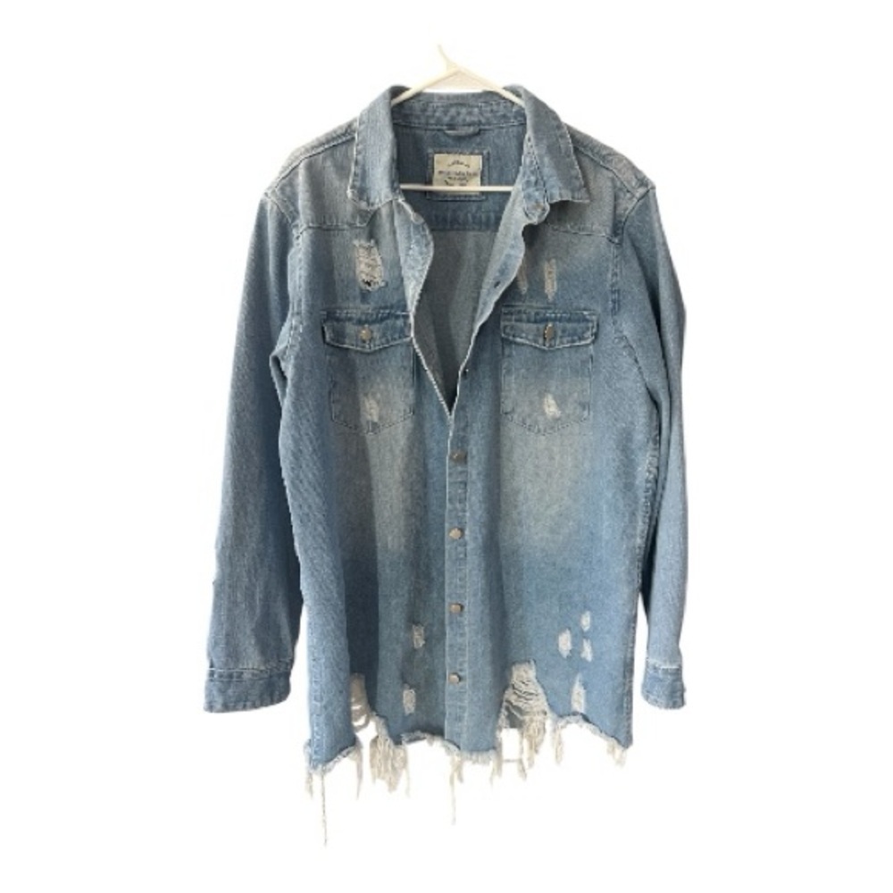 American Bazi Light Blue Distressed Denim Jacket Size 2X - Picture 3 of 10